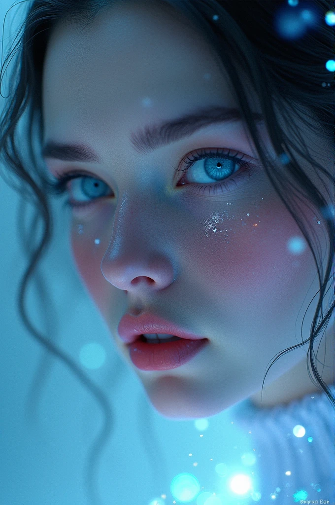 Close-up：A blue-eyed、Woman with sparkling face, Beeple 的Surreal主义, Popular on artstation, Fantasy Art, hyperrealistic Fantasy Art, Beautiful digital artwork, 8K Photorealistic Digital Art, realistic digital art 4k, realistic digital art 4k, Brandon Wolfel, Ethereal!!! Surreal, Surreal主义数字艺术