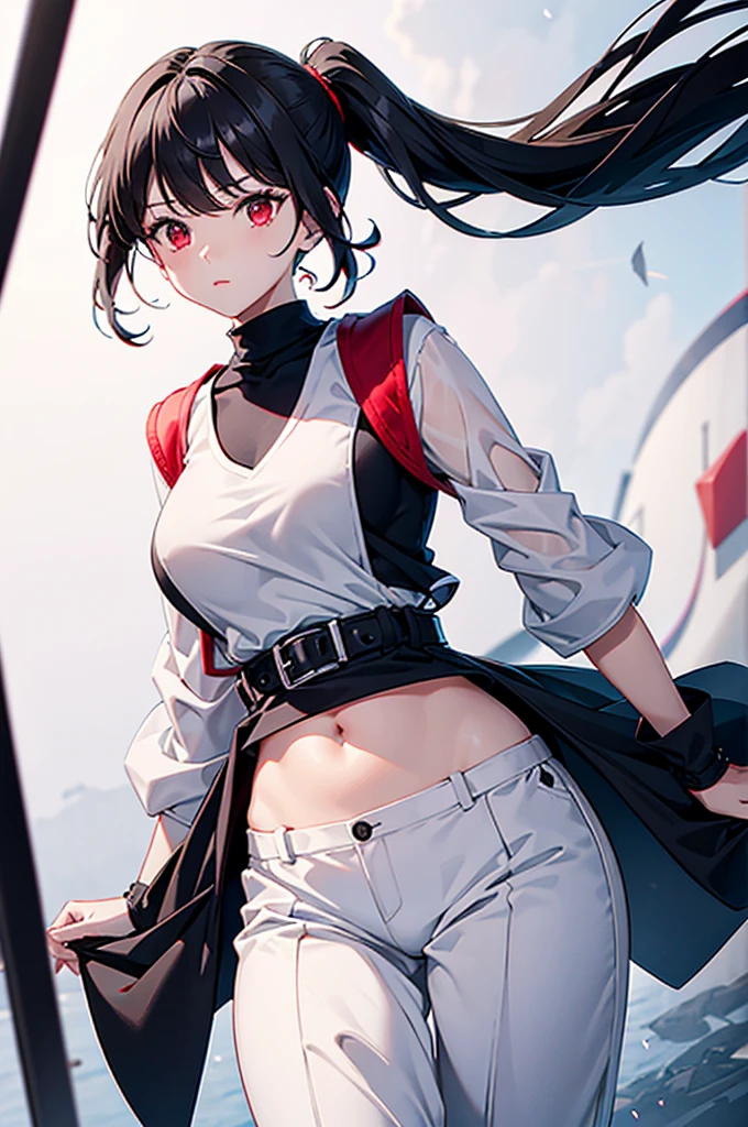 Black hair red eyes　No sleeve　ponytail　White clothing with a large opening at the chest　Black innerwear　Belly button　Black trousers　Brown belt