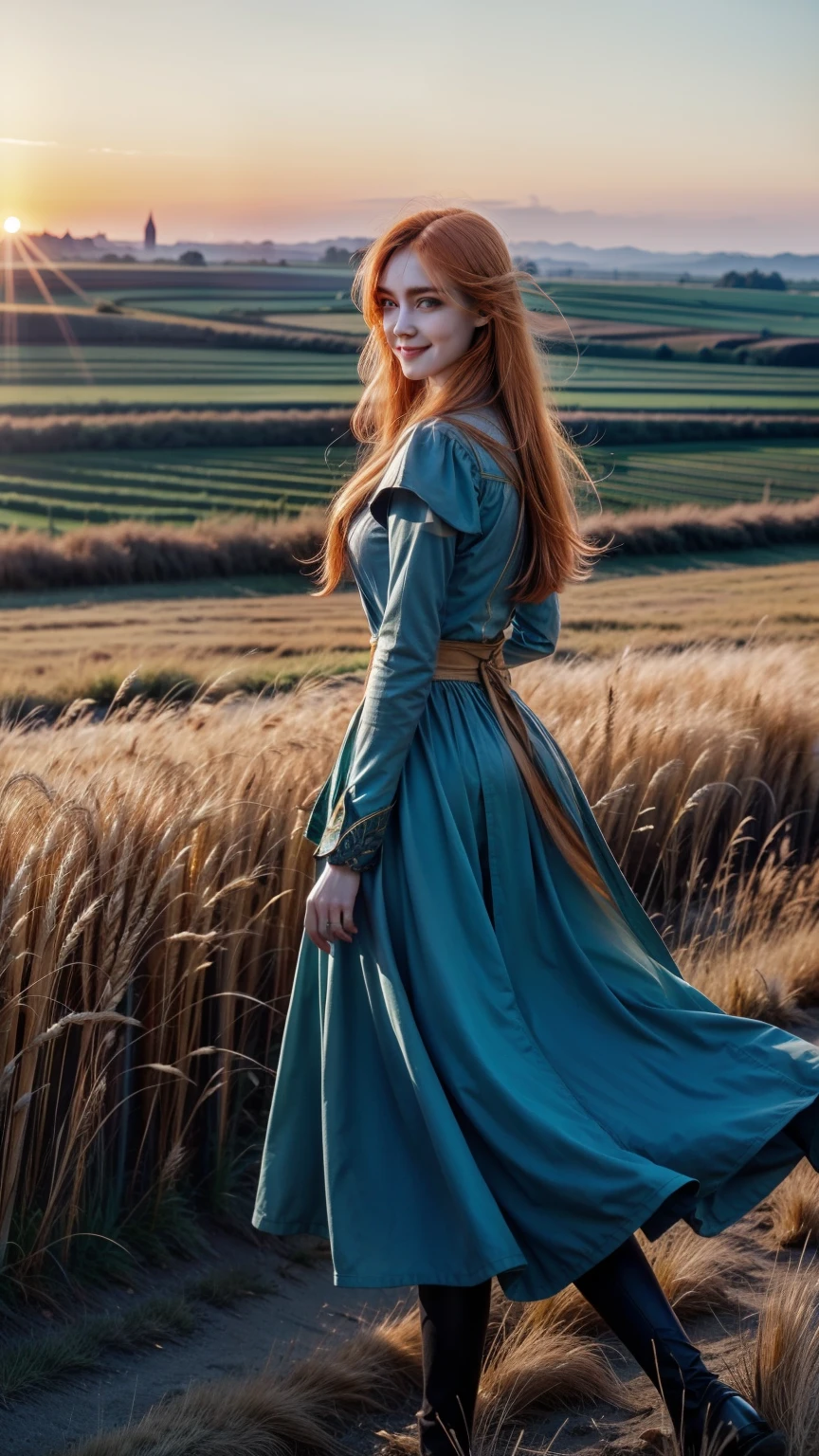 1 girl, solo, long orange hair, running, (high wheat field), turning around, emerald eyes, long blue dress, middle ages, medieval outfit, long sleeves sunset, light from behind, shadow on the figure, smile, laughter, (blue sky), against the background of wheat, standing in the distance, looking at the viewer, full-length