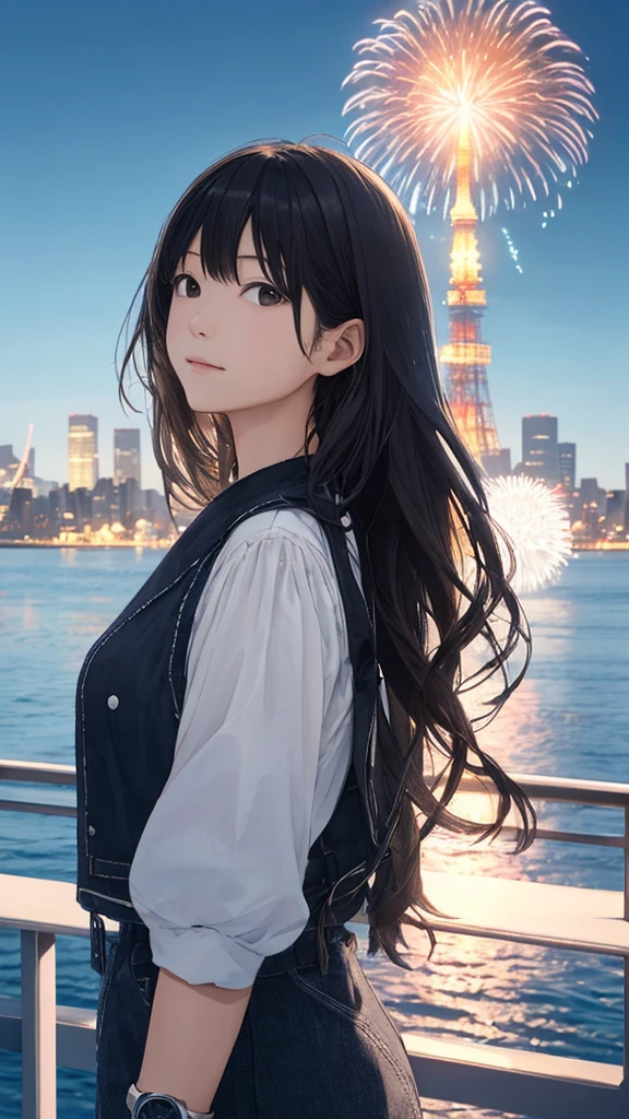 Shiraishi Mei, Looks exactly like Shiraishi Mei、Time is night、Tokyo Tower in the background、Big fireworks、Oceanの方を向いている後ろ姿、Woman looking up at the sky ,Long Hair, Black Hair,, photograph, Realistic, Highest quality, Detailed face, Strong sunlight, Ocean, Embankment, Detailed Background, Diffused sunlight, Written boundary depth, Bokeh (Highest quality: 1.2), (masterpiece: 1.2), Watch Viewer, one piece, White Theme, ,Vision、(((Panorama:1.2)))