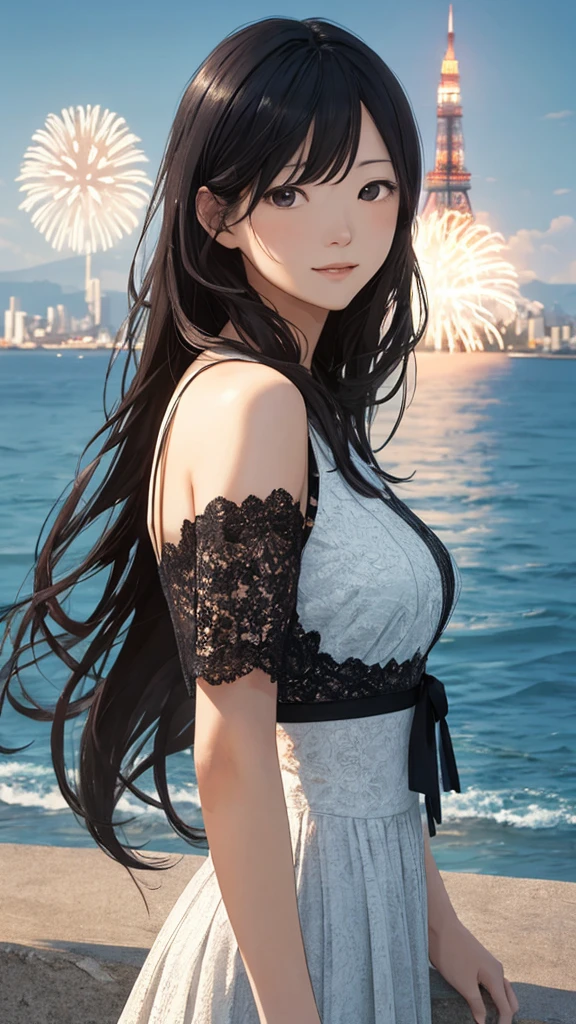 Shiraishi Mei, Looks exactly like Shiraishi Mei、Time is night、Tokyo Tower in the background、Big fireworks、Oceanの方を向いている後ろ姿、Woman looking up at the sky ,Long Hair,  Black Hair,, photograph, Realistic, Highest quality, Detailed face, Strong sunlight, Ocean, Embankment, Detailed Background, Diffused sunlight, Written boundary depth, Bokeh (Highest quality: 1.2), (masterpiece: 1.2), Watch Viewer, one piece, White Theme, ,Vision、(((Panorama:1.2)))