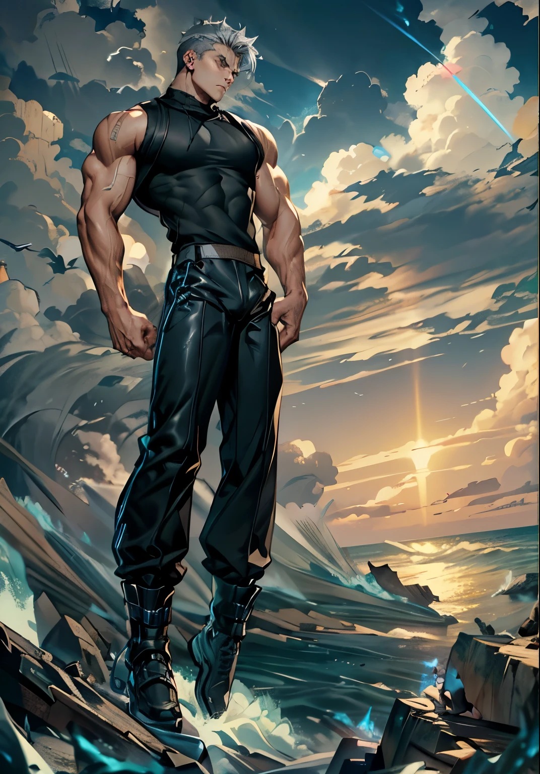 1boys, 26 Years old, Serious face, (((muscular))), ((black sleeveless sweater, hoodie)), black pants, gray hair, standing in ocean, storm weather,