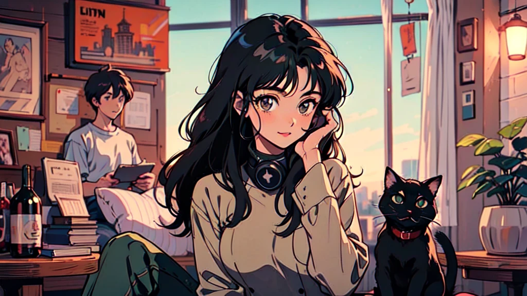 Highest quality, 8k, 1990s style,Hairstyles of the 2010s, 21 year old girl, Black Hair, Long Hair, Light brown eyes, City Pop, pants ,Night view, Wear headphones, whole body, Relax Coffee,table,making,look at me, Black cat