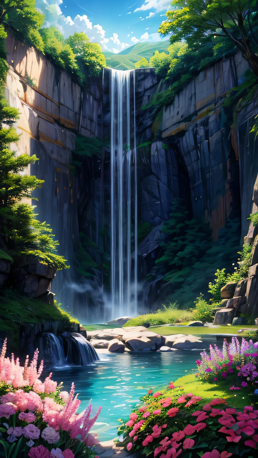 an anime-style interpretation of a stunning landscape where a cascading waterfall tumbles down into a crystal-clear pool below. Towering cliffs covered in vibrant greenery surround the waterfall, creating a natural amphitheater of beauty. Sunlight breaks through the canopy above, casting a warm glow on the scene. Butterflies flit among the flowers, adding to the enchanting atmosphere of this joyful nature sanctuary