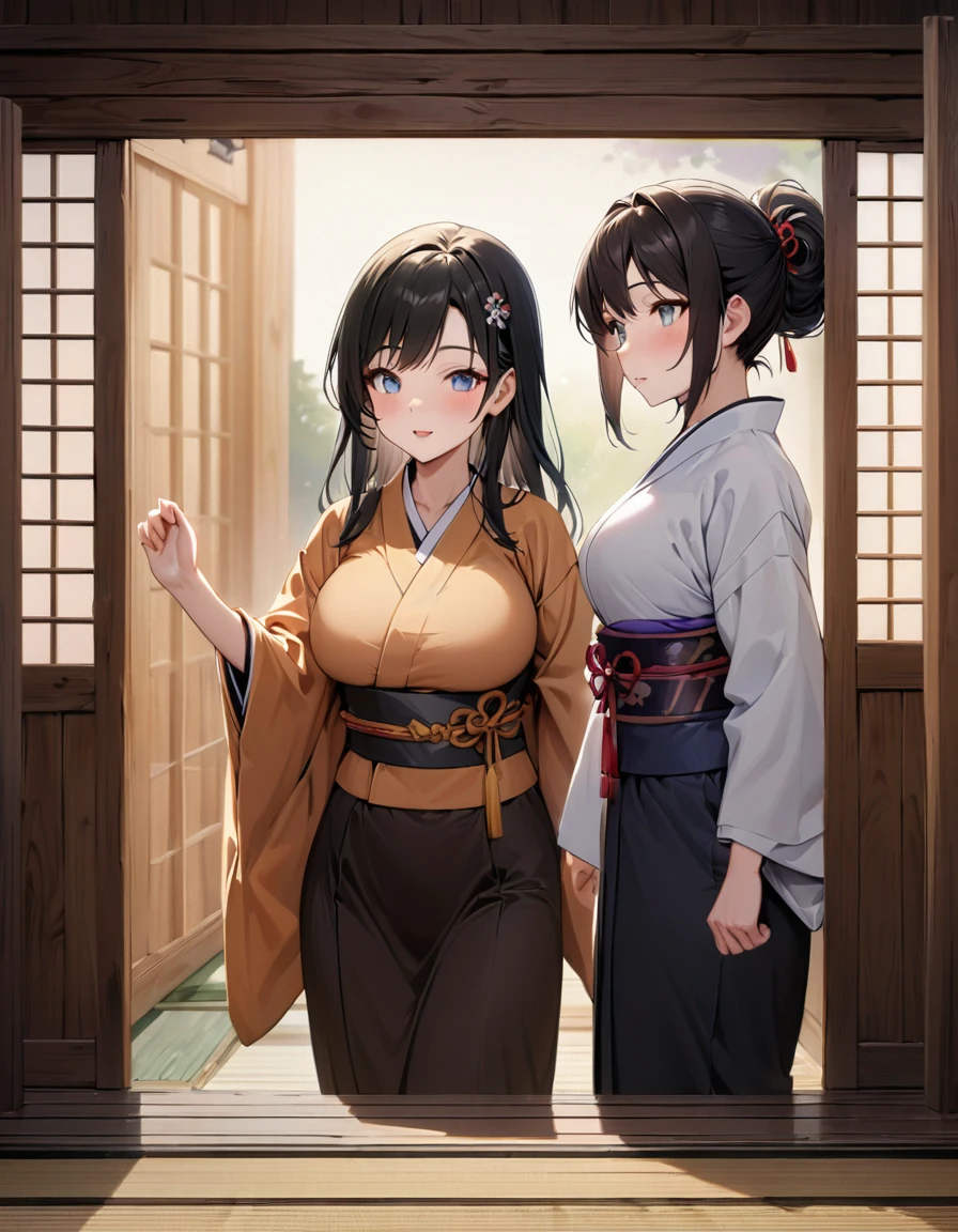 Entrance of a hot spring inn, three women (a+b+c, a=(girl with short black hair, monk's working clothes, 17 years old, small breasts, sweeping the entrance), b=(brown fluffy long hair, monk's working clothes, 28 years old, big breasts, sweeping the entrance), c=(black hair, Japanese hairstyle, hairpin, Japanese clothes, 50 years old, watching a+b)), best quality, masterpiece, ((very detailed)), fine, (high resolution), 8k wallpaper, fine and beautiful eyes, ((fantastic)),