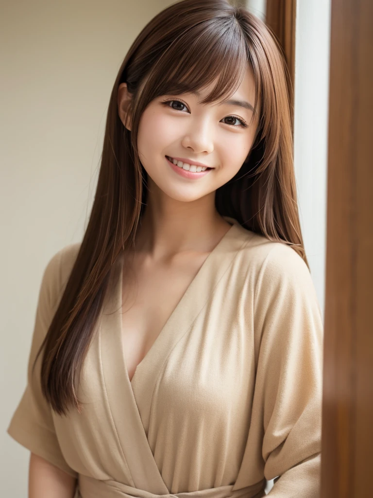 Japanese beauty,Neat,Brown Hair,One girl, chest, smile, Simple Background,