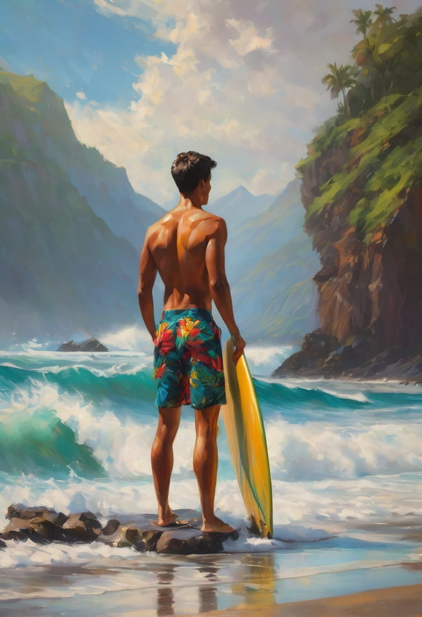 A young man is standing facing the ocean while carrying and holding a surfboard, shirtless, wearing shorts, on the edge of the beach, with big waves, tropical mountain background, oil painting style