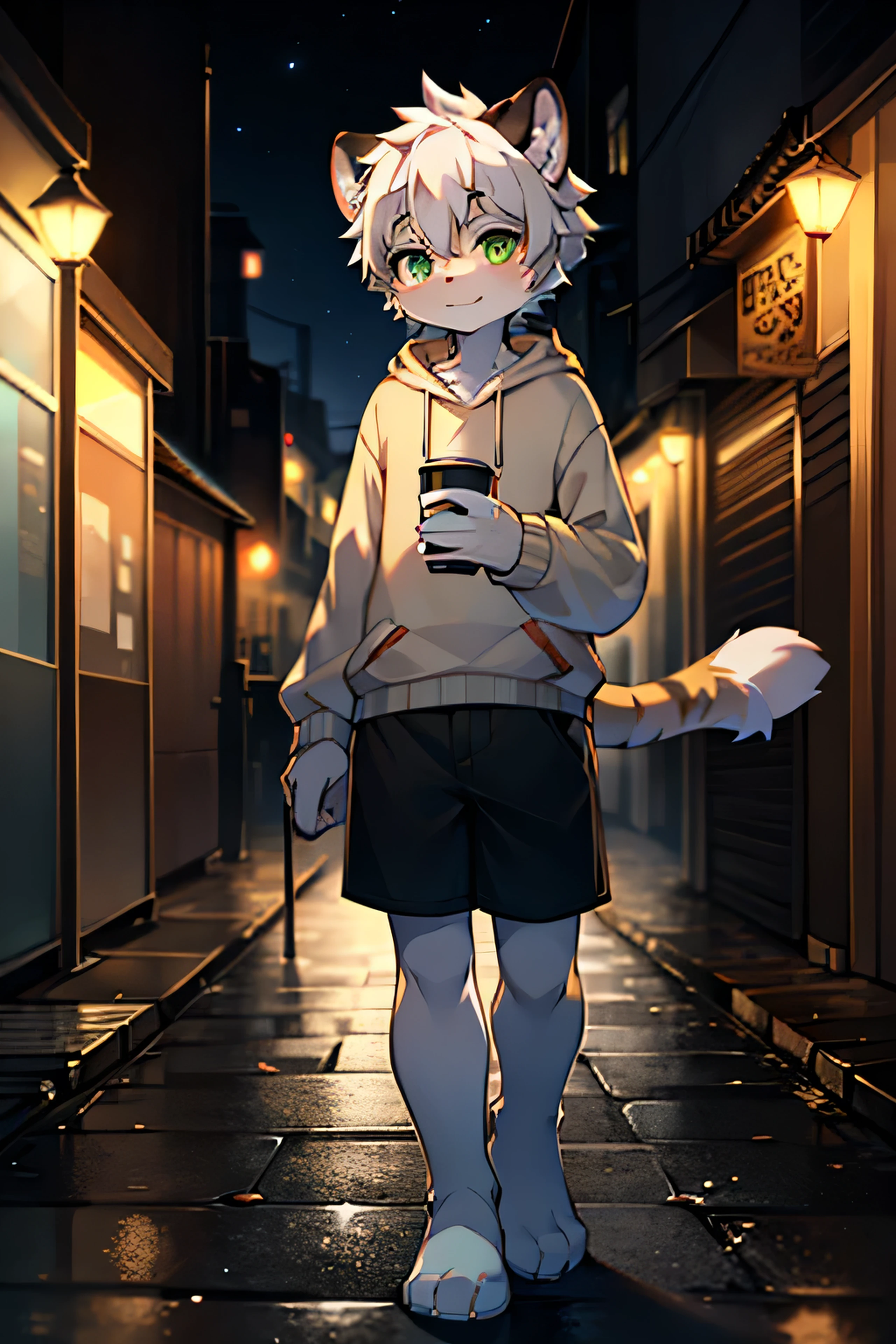 A tiger boy，The scene takes place at night。Dark green eyes，White colored hair，Casual Wear，Hooded sweater，Body type: slim，solo，cute，hairy，Fur，street，Alone，Holding coffee
