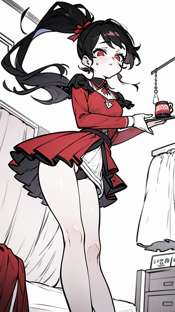 using pantimedies, wavy black hair, piercing look with deep red eyes, average stature, Silky hair with a ponytail hairstyle collected with a red bow with two white lines, with clothes, has a vagina, has breasts, cup of breasts, small breasts, slim, foreground, Session, sitting in her room, standing in his room, wearing pantyhose, using pantimedies, Picardias, short skirt, shoes, blouse with straps, blush, opening her legs making her panties visible, open legs, perfect white panty, Skirt fluttering in the wind, grabbing the skirt with both hands, from below, chubby thighs