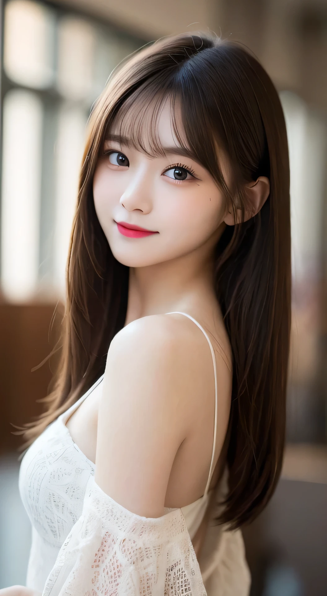 Tabletop, Highest quality, shape, Very detailed, finely, High resolution, 8k wallpaper, Perfect dynamic composition, Beautiful and detailed, Beautiful straight hair,Small breasts,Natural color lip, 20-year-old girl、cute、Always blur the background,Perfect and beautiful face,Slim face and figure,Big eyes、Putting on gal makeup,Actual Photos(Best image quality)、Full Body Shot、smile、Metropolis