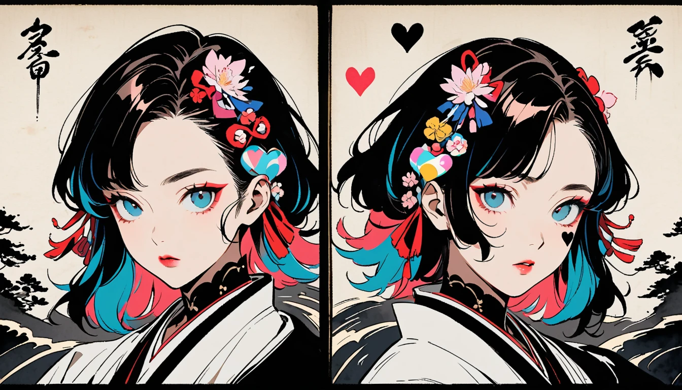 (((Ink Painting))), (((from above))), (((twins))), (((Heart tattoo on face))), (((Very flashy hair accessories))), (((Very flashy makeup))), Japanese style headphones, Villain, face close-up, front view, Japan人の美女, Black Hair, Delicate and precise, Modern ukiyo-e style,Japan, Droopy eyes, round face, Glare, Fuller lips, vivid color