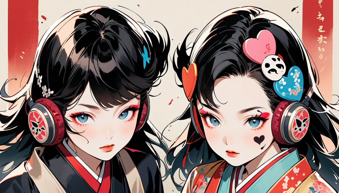 (((Ink Painting))), (((from above))), (((twins))), (((Heart tattoo on face))), (((Very flashy hair accessories))), (((Very flashy makeup))), Japanese style headphones, Villain, face close-up, front view, Japan人の美女, Black Hair, Delicate and precise, Modern ukiyo-e style,Japan, Droopy eyes, round face, Glare, Fuller lips, vivid color