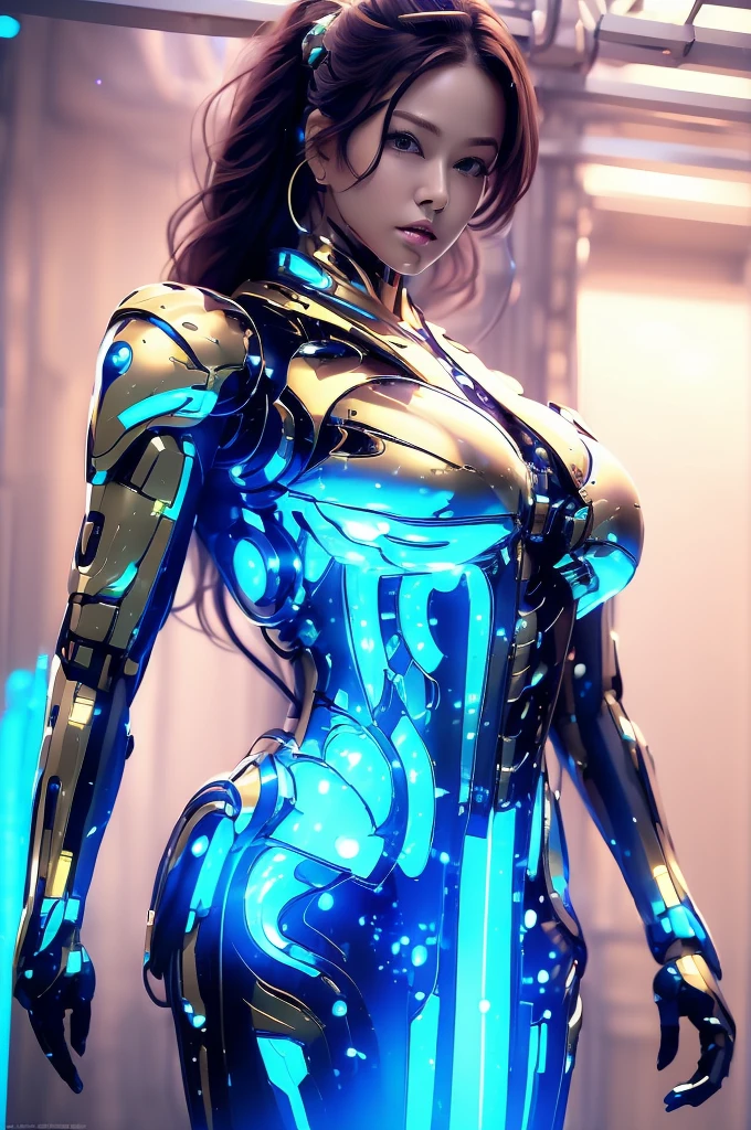 Highest quality, masterpiece, figure, (Realistic, photo-Realistic:1.37), wonderful, In detail, Incredibly absurd, Large file size, Very detailed, High resolution, Very detailed CG Unity 8k wallpaper, Very detailed目と顔, Ray Tracing, Browsing Caution, NUDE, One girl, Korean cyborg girl is innocent and young々Has a sly expression. She poses boldly with her arms raised above her head, Revealing her voluptuous figure. She is wearing a small black mecha armor top that barely covers her breasts., Exposing most of her flawless skin. Her shoulders and head have more armor detailing.、There are shining highlights, Tech Panels and Mechanisms. She is standing against a futuristic cityscape lit up with vibrant neon lights.、Standing full of energy。.