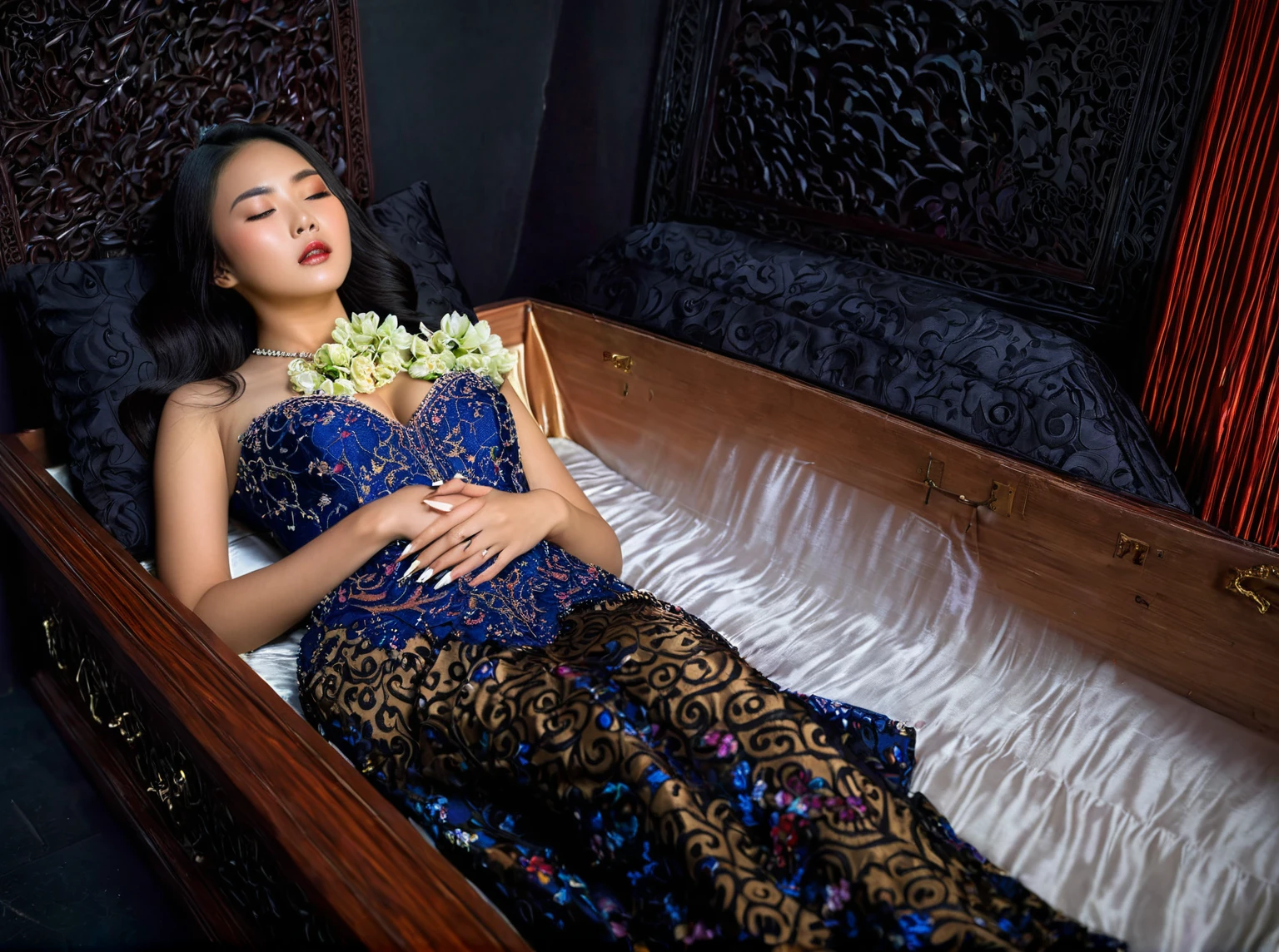In a striking 8K HDR scene, a stunning Korean woman, 22 years old, lies peacefully in a coffin and coffin cover surrounded by plush pillows behind head. The deep box is set against a rich black background, accentuating the beauty of the subject. Her exquisite deep-V neckline kebaya attire is embroidered with superb detail, showcasing her round and firm breasts, perfect cleavage, and beautiful eyebrows. Her closed eyes and mouth give an air of serenity, while her visible and absolute cleavage leave nothing to imagination. The scene is bathed in saturated colors, highlighting every intricate aspect from the ball skirt to her clean face, straight body, detailed hand perfect hands, straight body, own hands together, own hand on stomach, detailed hands, perfect hands, holding the flowers