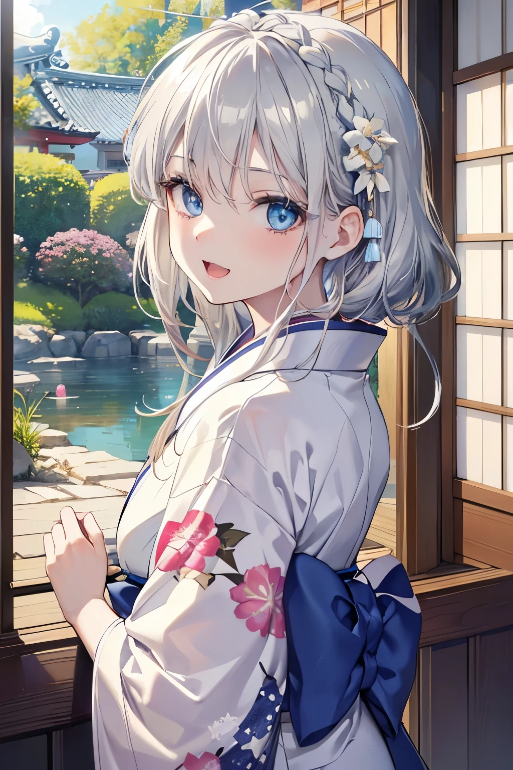 (Best quality,4K,8K,High resolution,Masterpiece:1.2),Super detailed,(Actual, Realistic),
break,
((Beautiful clear blue eyes:1.2)),very kind eyes,eyes wide open,beautiful eyelashes,beautiful lower eyelashes,
break,
((Beautiful and shiny silver hair:1.3)),hairstyle side braid,A dazzling smile, a bursting smile, an open mouth laugh,
break,
((Pale colored summer kimono:1.3)),
break,
((bust shot)),((zoom in)),
break,
Japanese-style room overlooking a garden with a pond