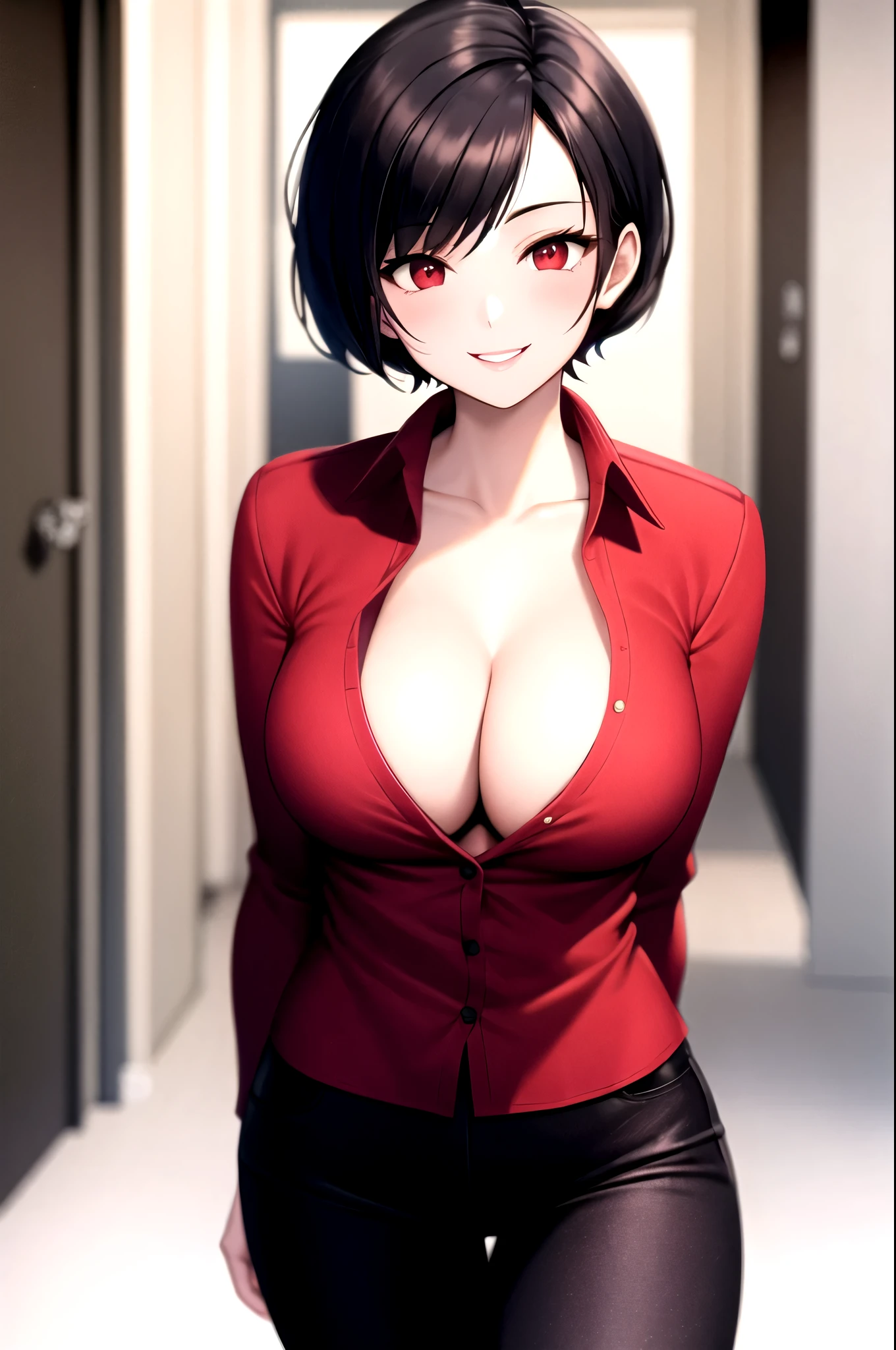 Ada wong,red shirt,Cleavage,Black pants,smile,sexly,upturned collar shirt, popped collar shirt, High collar shirt,