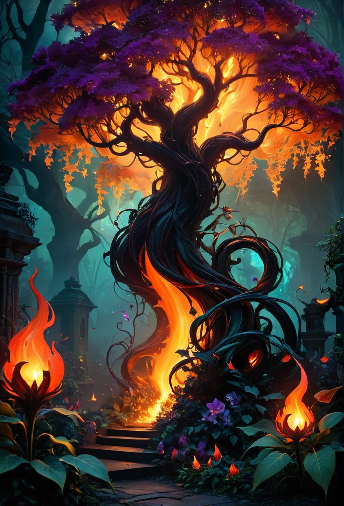 [Rewritten Input]
Distinguished quality, high-resolution, exceptional masterpiece:1.2, meticulously detailed, authentic:1.37, horror-themed, blazing magical flames, otherworldly flora, fiery conflagration, luminescent foliage, enchanted garden, mystical ambiance, ominous shadows, captivatingly haunting, eerie radiance, intense hues, dark aura, unearthly vines, fiery tendrils, dancing embers, extraterrestrial landscape, ethereal flowers, magical energy, surreal scenery, shadowy figures, enigmatic creatures, mesmerizing illumination, unnatural growth, foreboding presence, smoky haze, flickering light, spectral glow, intense heat, whispering flames, supernatural powers, glowing orbs, mystic spell, eerie ambiance, otherworldly beauty, spectral plants, transcendent vision.