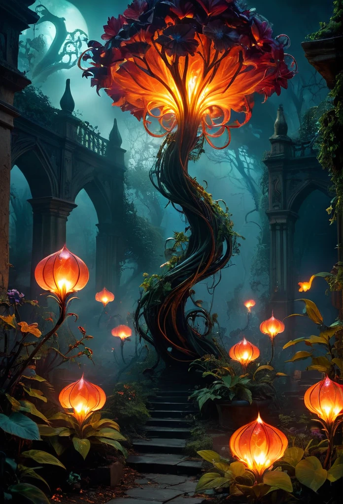 [Rewritten Input]
Distinguished quality, high-resolution, exceptional masterpiece:1.2, meticulously detailed, authentic:1.37, horror-themed, blazing magical flames, otherworldly flora, fiery conflagration, luminescent foliage, enchanted garden, mystical ambiance, ominous shadows, captivatingly haunting, eerie radiance, intense hues, dark aura, unearthly vines, fiery tendrils, dancing embers, extraterrestrial landscape, ethereal flowers, magical energy, surreal scenery, shadowy figures, enigmatic creatures, mesmerizing illumination, unnatural growth, foreboding presence, smoky haze, flickering light, spectral glow, intense heat, whispering flames, supernatural powers, glowing orbs, mystic spell, eerie ambiance, otherworldly beauty, spectral plants, transcendent vision.