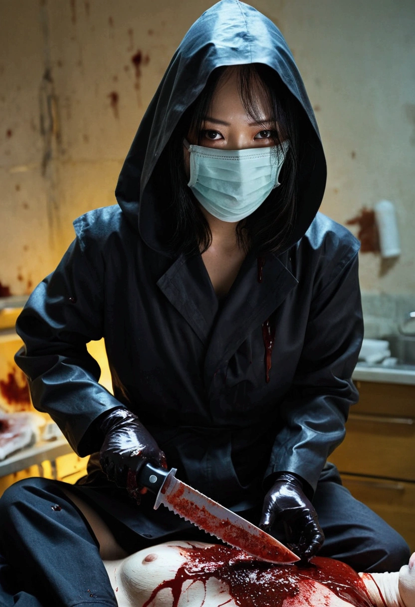 korean beautiful girl, (behind corpse:1.3), (surgical mask), (ecstasy:1.3), orgasm, holding chainsaw, stabbing, black gloves, woman on top, room full of blood, black raincoat, hood up, Filming in progress, holding knife, black gloves, multiple corpse, blood splatter, night, mass murderer, robbery, dark atmosphere, cinematic lighting, atmospheric realistic,