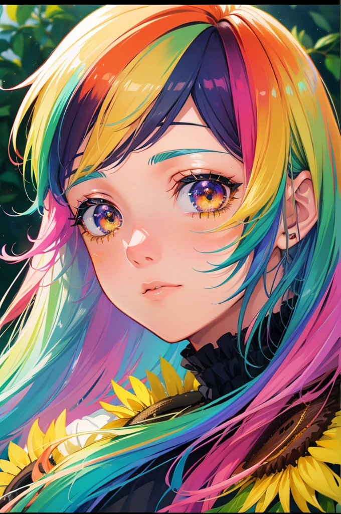 ((um olho rosa um olho amarelo)), anime com rainbow hair ,uniforme de futebol,photorealistic anime girl rendering, render de uma anime 3d bonito, 8k portrait render, in a garden of sunflowers