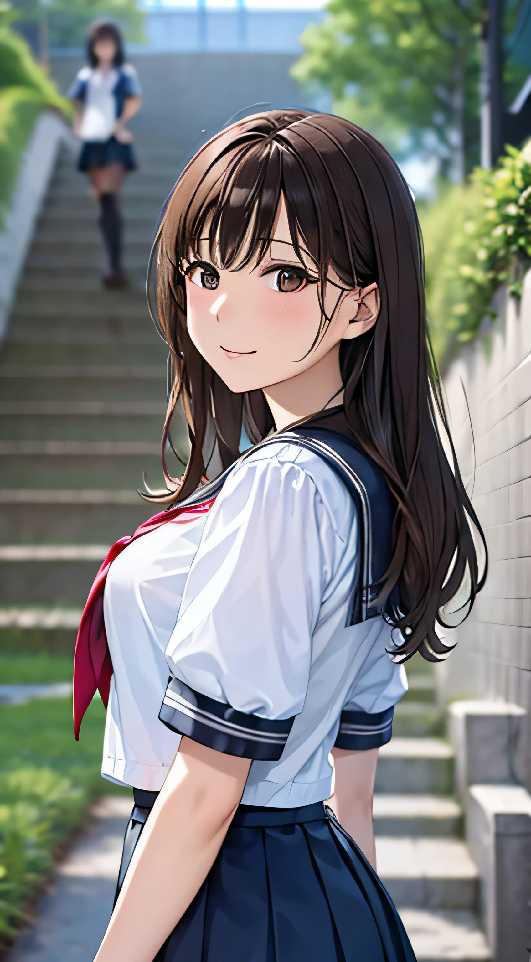 ((Tabletop, Highest quality, High resolution, , Pixel Perfect, 4K,))), 2 women, 、The whole body is visible、 ((Long Wavy Hair, bangs, Brown Hair)), ((Brown eyes, Beautiful eyelashes, Realistic eyes)), ((Detailed face, blush:1.2)), ((Smooth texture:0.75, Realistic texture:0.65, Realistic:1.1, Anime CG style)), Big Breasts, Dynamic Angle, Perfect body, (( , , Schoolgirl uniform、Sailor suit、White shirt、Pleated skirt、 、Floral lace panties 、)), On the way up the stairs、Big staircase in the city、、、Very embarrassing panic smile, 、、The gesture of holding the skirt with your hand、、、、、、 、Angle from below)、