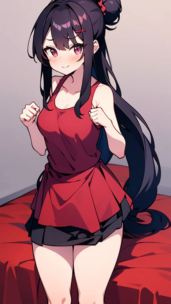 High tail hairstyle, two Ponytail hairstyle, Ponytail hairstyle, Long wavy black hair, standing posing, anime girl style, pixel art anime style,penetrating look with deep eyes,red and purple eyes, hair with a ponytail hairstyle trapped with a big red bun, women, red hair clips, x color shaped hair clips , smiling face blush, next to his bed, Skirt, tank top, Black hair, big thighs, NSFW, Skirt fluttering in the wind, perfect panty, from above, viento levantando su Skirt haciendo que se le vea el panty, hands in fist , Skirt fluttering in the wind, Skirt levantada,