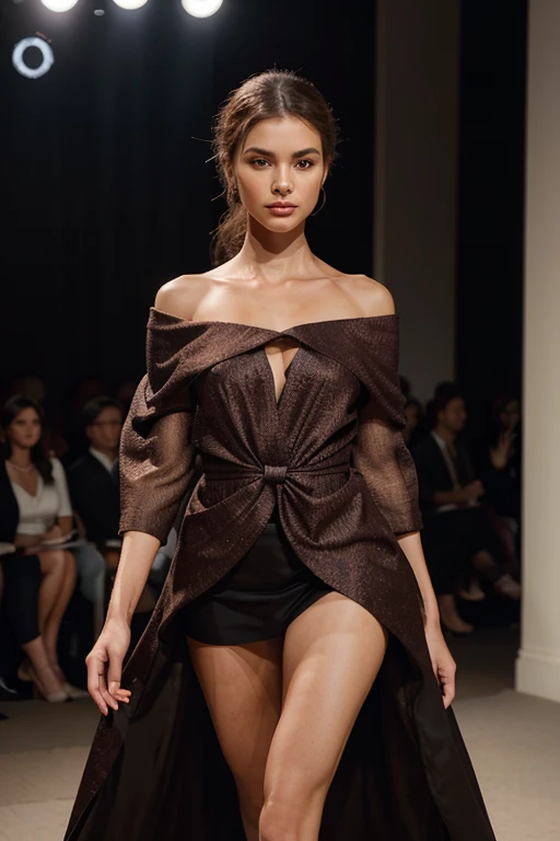 "Create a high-quality image of a model walking at a fashion event. The image must have advanced levels of detail and a cinematic style. The model must be dressed in an elegant and modern outfit, on a catwalk illuminated by vibrant lights that enhance the glamorous atmosphere of the event. The scene should capture the graceful movement of the model, with an emphasis on flowing fabrics and intricate garment details. The background should show the audience and other elements typical of a fashion show, as sophisticated photographers and decorative. Use a rich, contrasting color palette to create a sense of drama and sophistication."