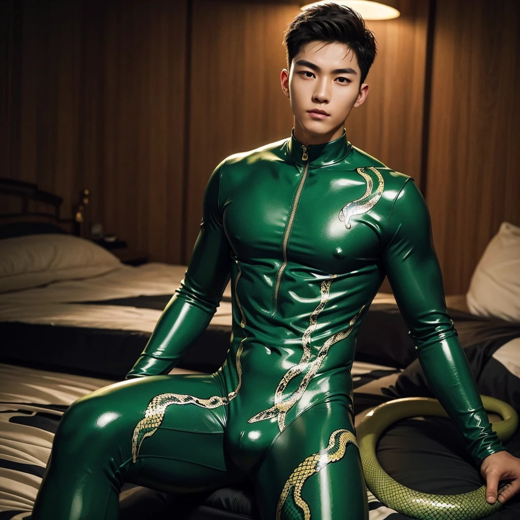 1 Handsome chinese slim guy, 20 years old, Hair combed smoothly, ager, latex、snake print ,Green Snake pattern Bodysuit、bulge , Visible up to the legs、whole body , realistic good looking Korean face , Natural Muscle , Beardless face、masterpiece、High resolution、Hyperrealism、Detailed face、alone、male、Glowing Skin、(Asian)、(young、teen)、good looking、Detailed Background、good looking