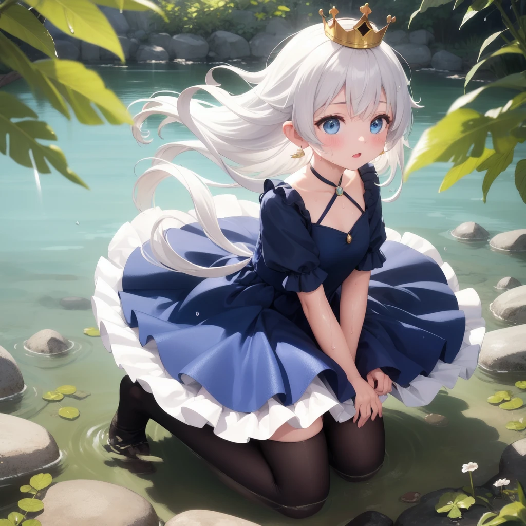 Princess dress, princess, 1girl, Solo, long dress, silver hair, blue eyes, water, ribbons, golden dress, High Resolution, masterpiece, windy, earings, blush, wet, crown, kneeling, crown, black stockings,