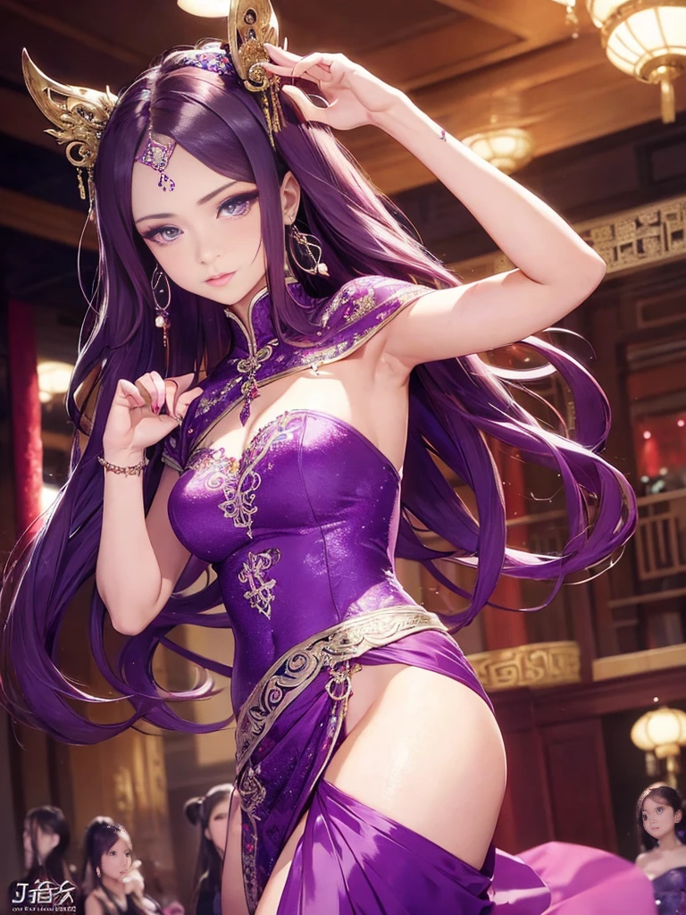 realistic, High resolution, 1 female, hip up, beautiful eyes, long hair, Ringed Eyes, jewelry, tattoo, chinese fairy, purple dress, waist, dance pose,