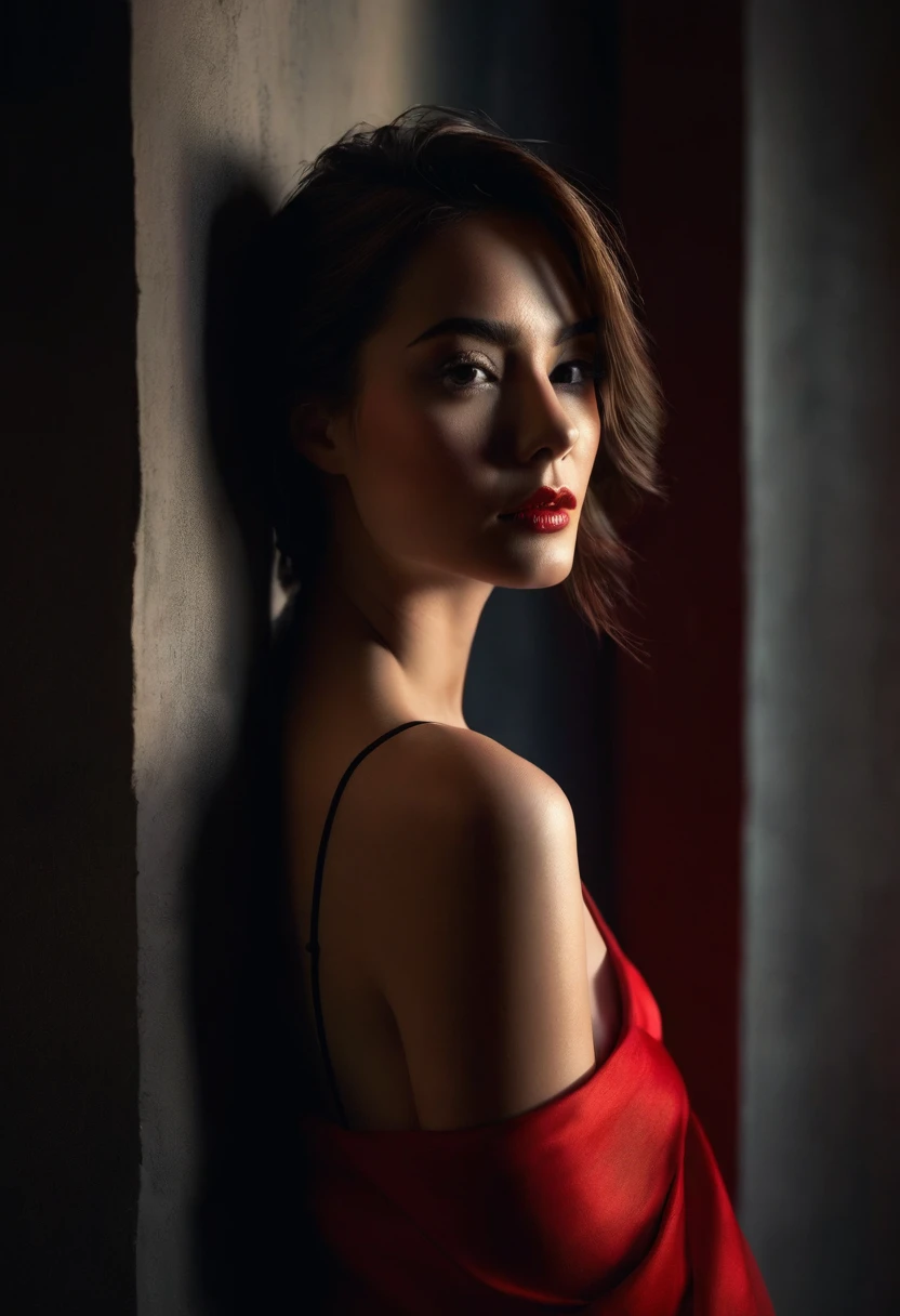 woman bathed in soft light, leaning against a wall, looking into the camera in a moment of raw emotion. Her attire is minimal, accentuating her beauty with the dramatic shadows cast by the lighting. The background is stark, with sharp contrasts highlighting the contours of her form. The red and black palette intensifies the mood, evoking a sense of mystery and allure. Subtle film grain and meticulous shading add depth and texture, emphasizing the emotional gravity of the scene. The lighting creates a chiaroscuro effect, accentuating her expressive pose and the intense atmosphere.