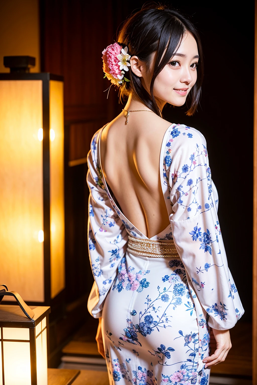 Top quality, A beautiful young woman with very short hair, wearing an elegant yukata adorned with delicate floral patterns. She stands gracefully under a lantern-lit path at a traditional Japanese festival. The soft glow of the lanterns highlights her serene smile and the intricate details of her yukata, creating a captivating and enchanting atmosphere, back pose