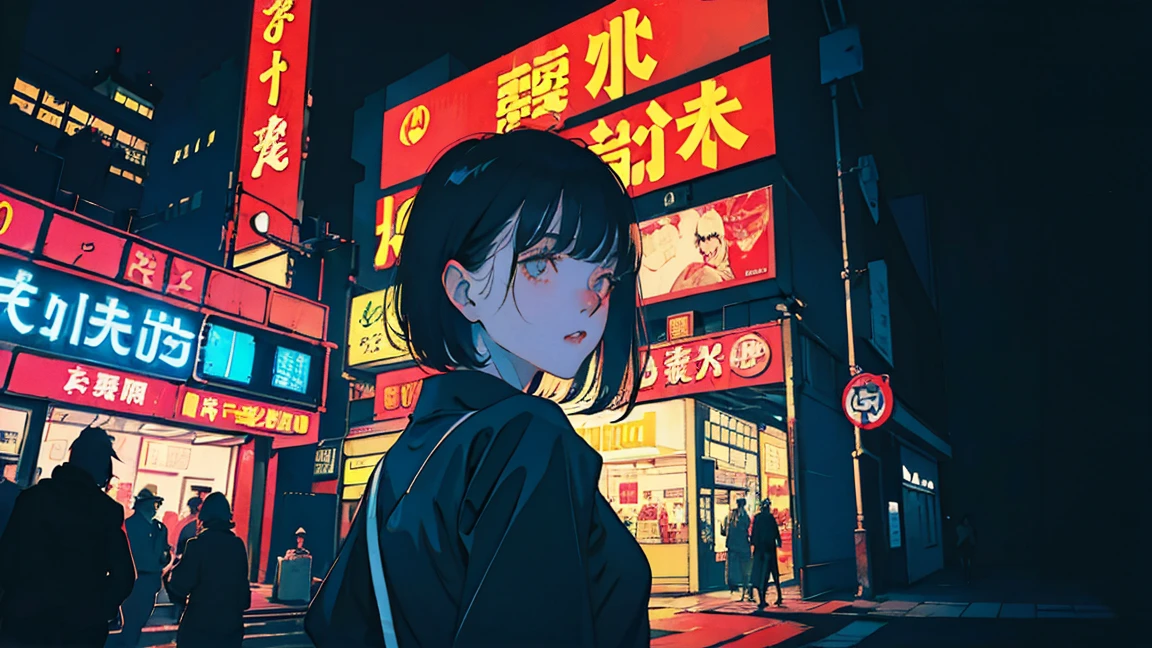 Tokyo at Night, Neon Town, Multiple signs, Neon Black, (Backlight: 1.1), Hard Shadows, masterpiece, Highest quality, Complex, Model shooting style, Vintage, Film Grain, Incomplete details