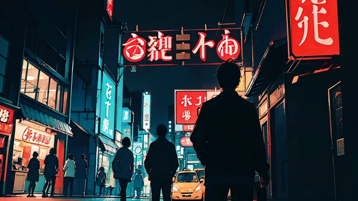 Tokyo at Night, Neon Town, Multiple signs,  Neon Black, (Backlight: 1.1), Hard Shadows, masterpiece, Highest quality, Complex, Model shooting style, Vintage, Film Grain, Incomplete details