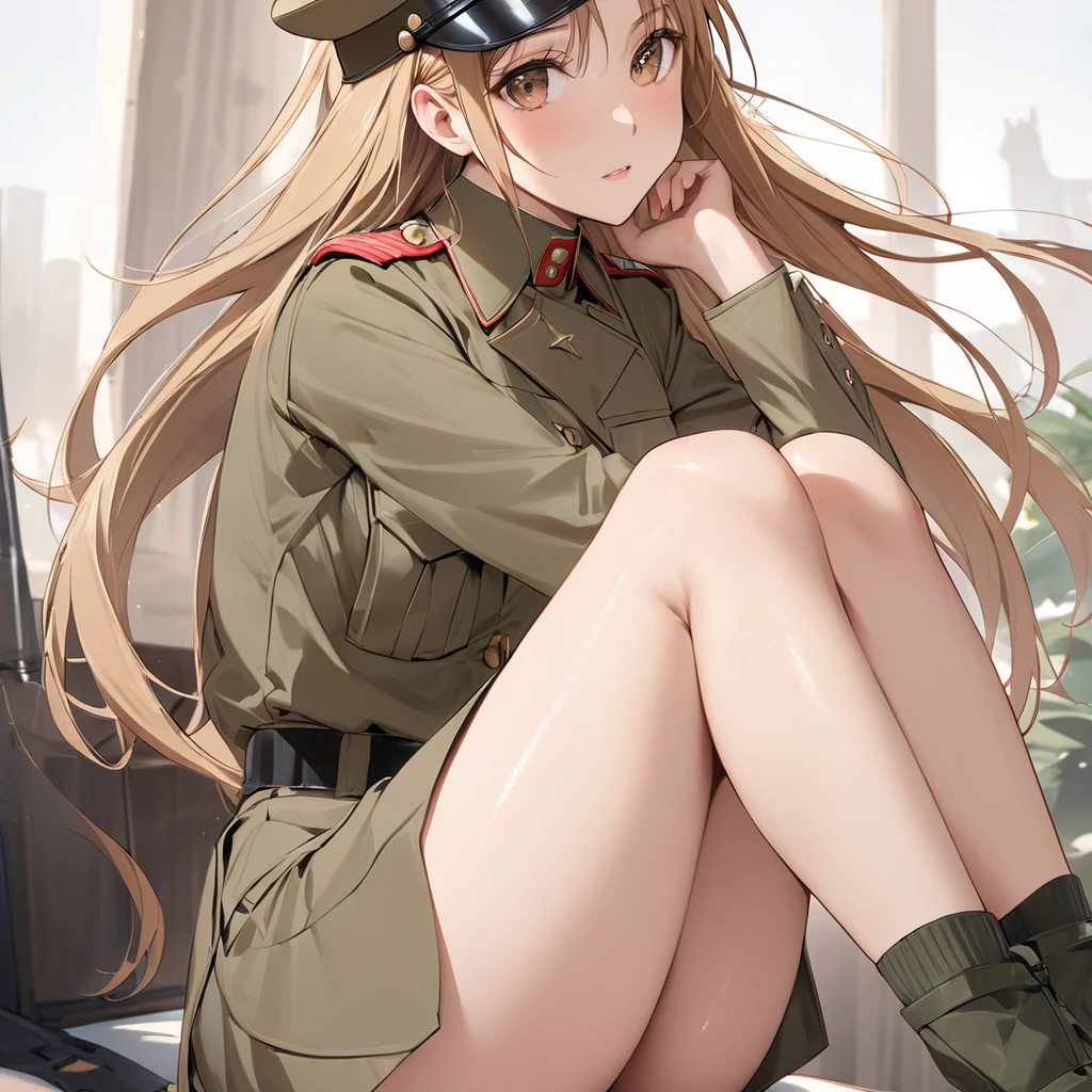 ((Highest quality)), ((masterpiece)), (detailed), (Perfect Face)、The woman is Yuuki Asuna, with light brown, medium-long hair, and is dressed as a soldier in a khaki military uniform, a khaki military cap, and a khaki tight-fitting knee-length skirt.