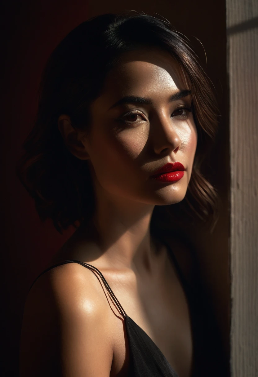 woman bathed in soft light, leaning against a wall, looking into the camera in a moment of raw emotion. Her attire is minimal, accentuating her beauty with the dramatic shadows cast by the lighting. The background is stark, with sharp contrasts highlighting the contours of her form. The red and black palette intensifies the mood, evoking a sense of mystery and allure. Subtle film grain and meticulous shading add depth and texture, emphasizing the emotional gravity of the scene. The lighting creates a chiaroscuro effect, accentuating her expressive pose and the intense atmosphere.