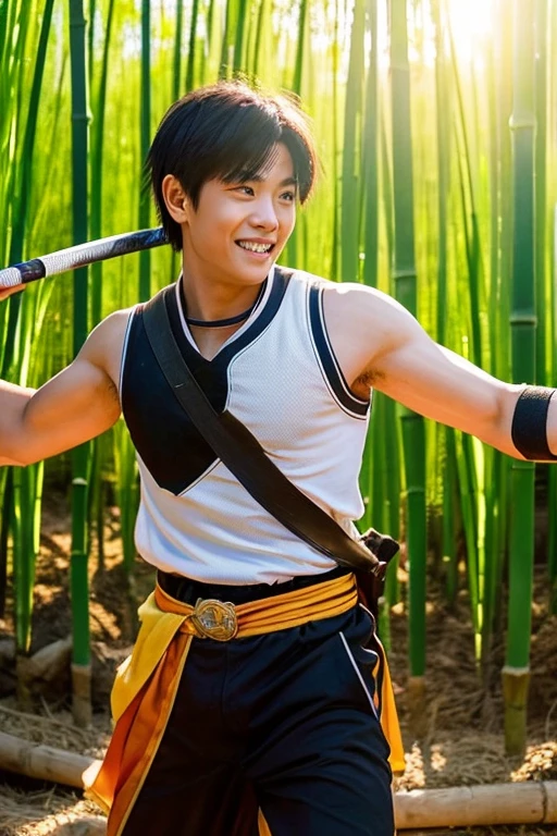 A hot-blooded boy with a strong sense of justice。Holding a Nichirin sword、Rin fighting demons々With a serious expression、In the landscape where the morning sun shines、Show a kind smile。The background is a bamboo forest and sunrise.、A powerful and hopeful atmosphere。