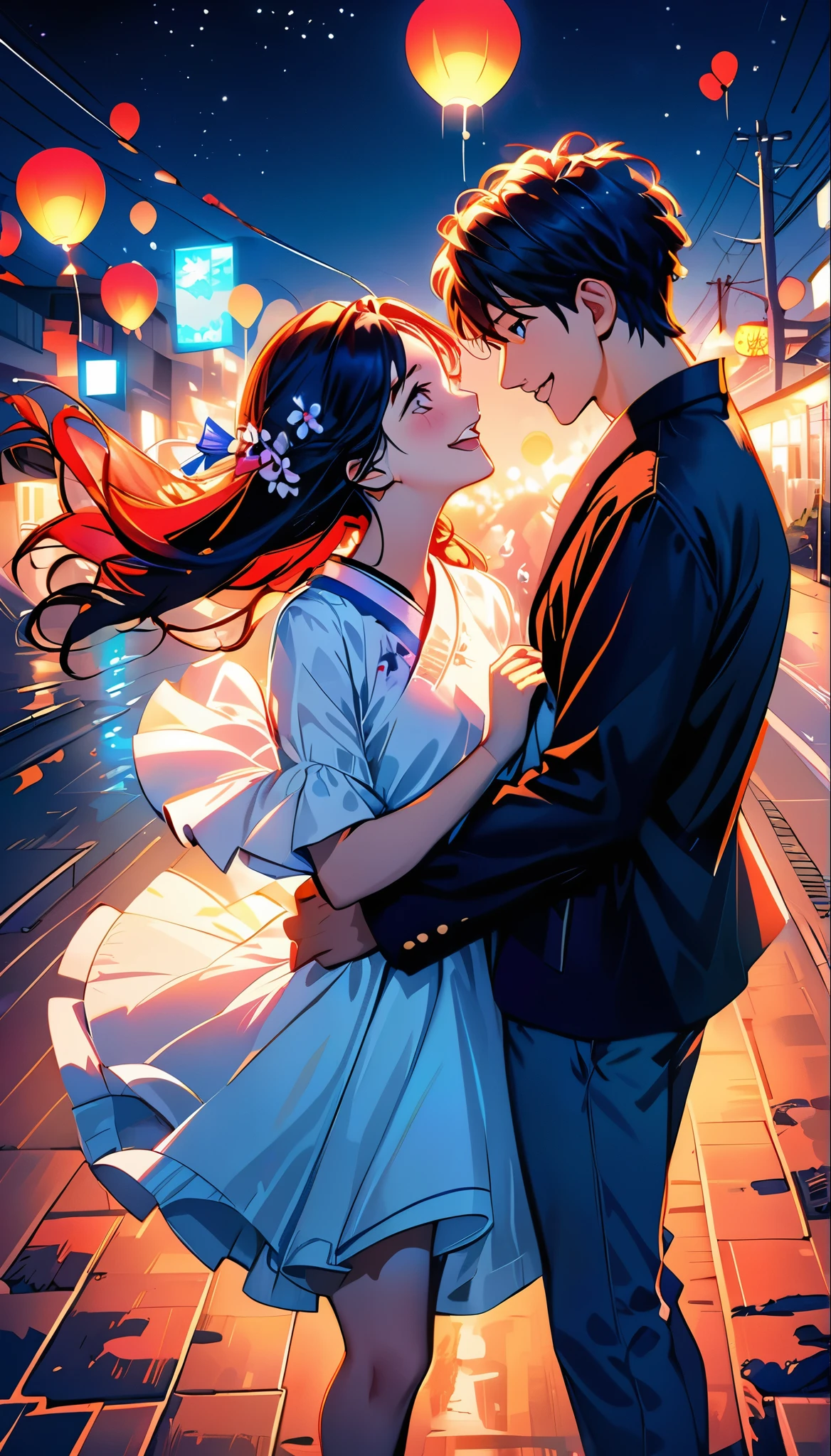 (Highest quality,Very detailed,Realistic:1.37),humor,Comic book style,Bold,Vibrant colors, Close to cool colors,Desaturate,Beautiful night view, A girl and a boy, Fun couple, Laughter, floating love,