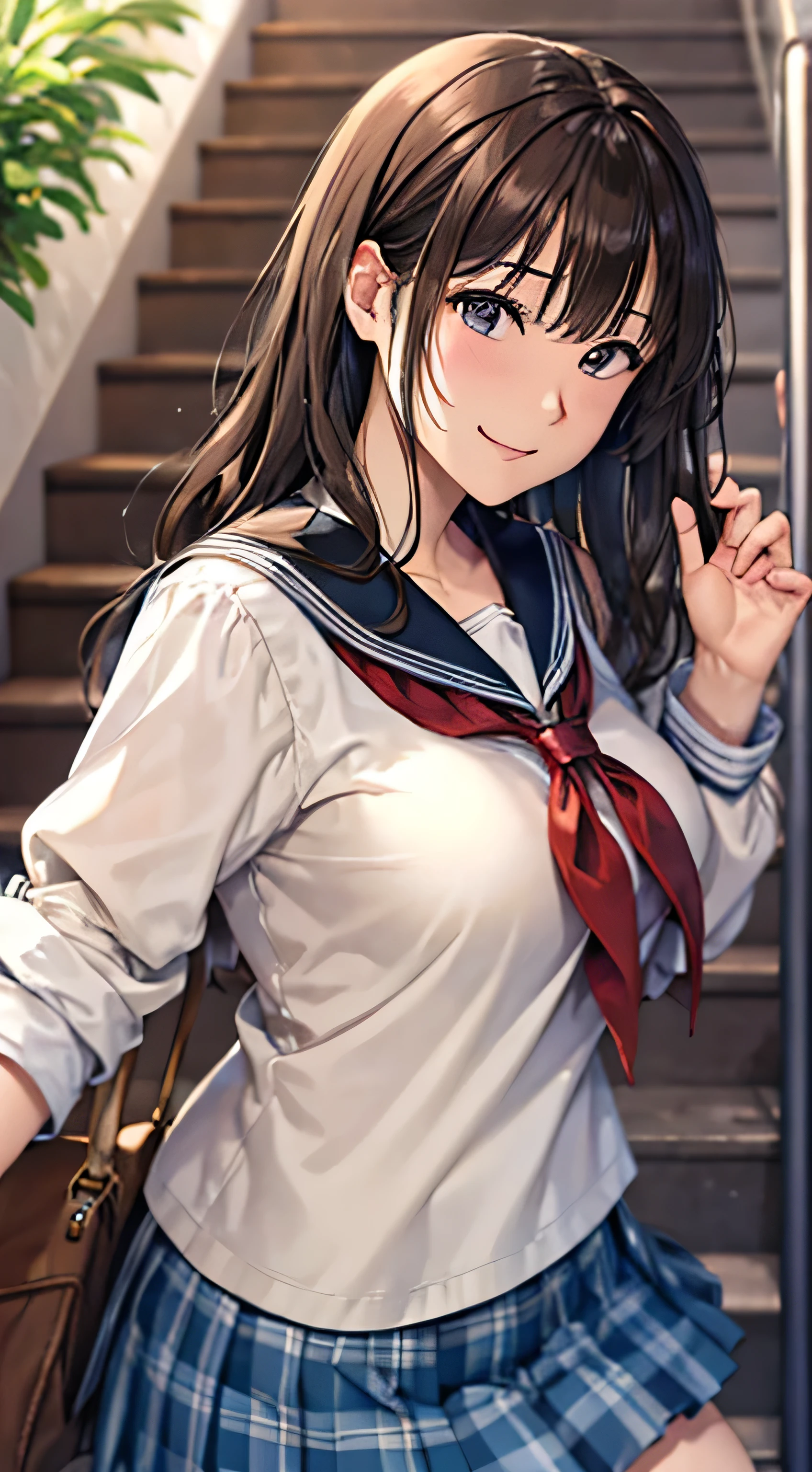 ((Tabletop, Highest quality, High resolution, , Pixel Perfect, 4K,))), 2 women, 、The whole body is visible、 ((Long Wavy Hair, bangs, Brown Hair)), ((Brown eyes, Beautiful eyelashes, Realistic eyes)), ((Detailed face, blush:1.2)), ((Smooth texture:0.75, Realistic texture:0.65, Realistic:1.1, Anime CG style)), Big Breasts, Dynamic Angle, Perfect body, (( , , Schoolgirl uniform、Sailor suit、White shirt、Pleated skirt、 、Floral lace panties 、)), On the way up the stairs、Big staircase in the city、、、Very embarrassing panic smile, 、、The gesture of holding the skirt with your hand、、、、、、 、Angle from below)、