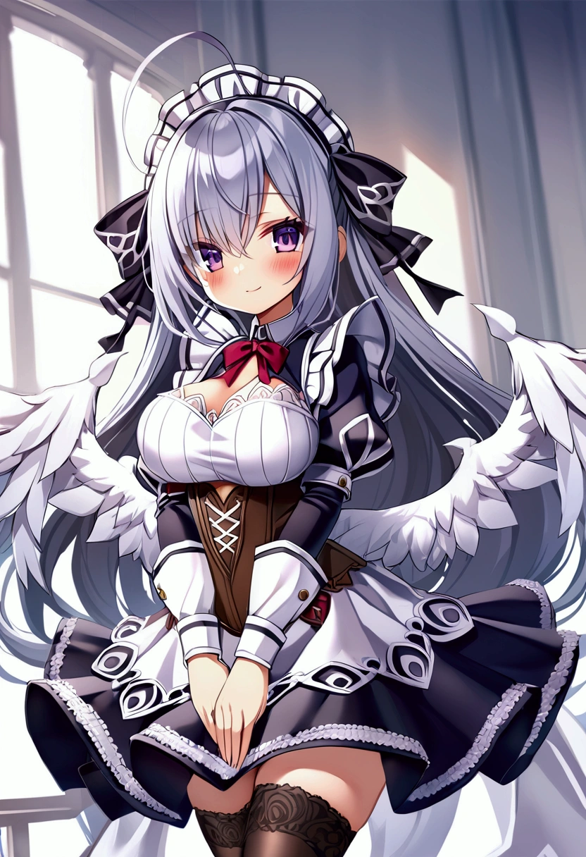 beautiful girl, silver hair, long beautiful hair, purple beautiful eyes, maid, headdress-ribbons , large breasts, hair between eyes, bangs, thigh-highs, blush, angelic smile