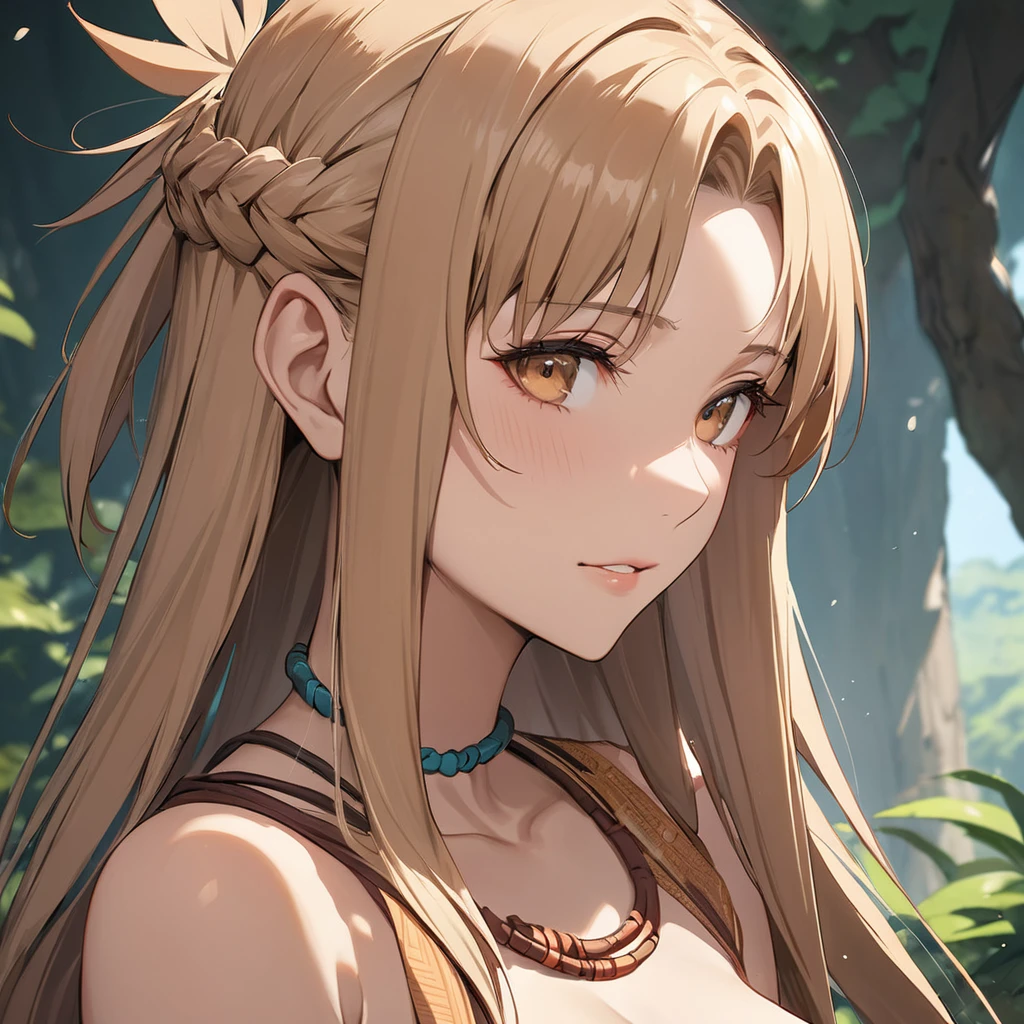 ((Highest quality)), ((masterpiece)), (detailed), （Perfect Face）、The woman is Asuna, a native African tribal woman with medium-long light brown hair.