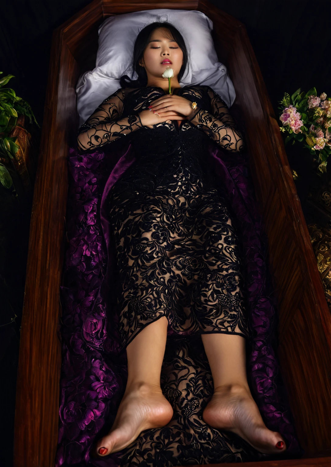 In a striking 8K HDR scene, a stunning Korean woman, 22 years old, lies peacefully in a coffin and coffin cover surrounded by plush pillows. The deep box is set against a rich black background, accentuating the beauty of the subject. Her exquisite deep-V neckline kebaya attire is embroidered with superb detail, showcasing her round and firm breasts, perfect cleavage, and beautiful eyebrows. Her closed eyes and mouth give an air of serenity, while her visible and absolute cleavage leave nothing to imagination. The scene is bathed in saturated colors, highlighting every intricate aspect from the ball skirt to her clean face, straight body, detailed hand perfect hands, straight body, straight arms.