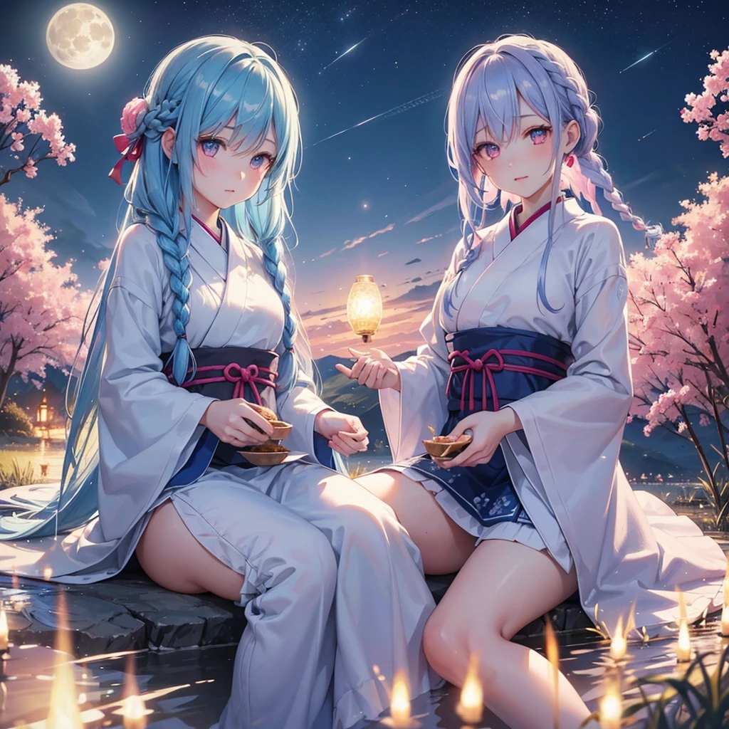 Sky blue hair, (Braided Ponytail:1.2), Pink eyes,Fair skin ,(whole body),(One Girl),Tsukimi,(White sweet dumplings ),White round dumplings,Japanese pampas grass,(beautiful, Full moon shining in the night sky),(masterpiece, Highest quality, Very detailed, Best Shadow), (Detailed Background), (Beautifully detailed face), High Contrast, (Best lighting, Very delicate and beautiful), ((Cinematic Light)), colorful, Hyper Detail,8k, Dramatic Light, Intricate details,Sit and eat dumplings while watching the moon,(Shadow of a rabbit on the moon),mysterious