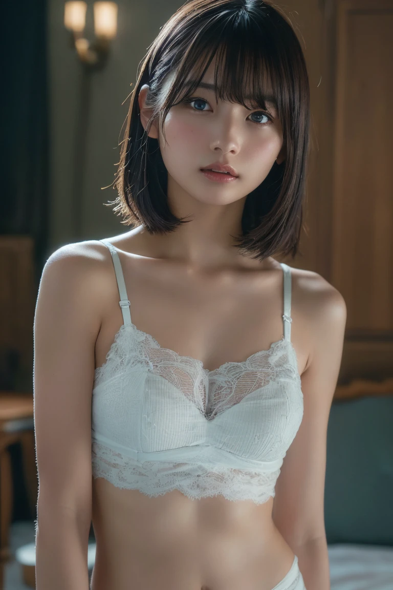 (Highest quality:1.4),(masterpiece:1.4),(Realistic:1.4),(Realistic:1.2),(超High resolution, RAW Photos:1.4),(High resolution, Very detailed:1.2),(8k:1.2),photograph,a photo of a dark-haired,Her hairstyle is a short bob with bangs..,One Girl,alone,(In underwear),((Upper Body:1.3))