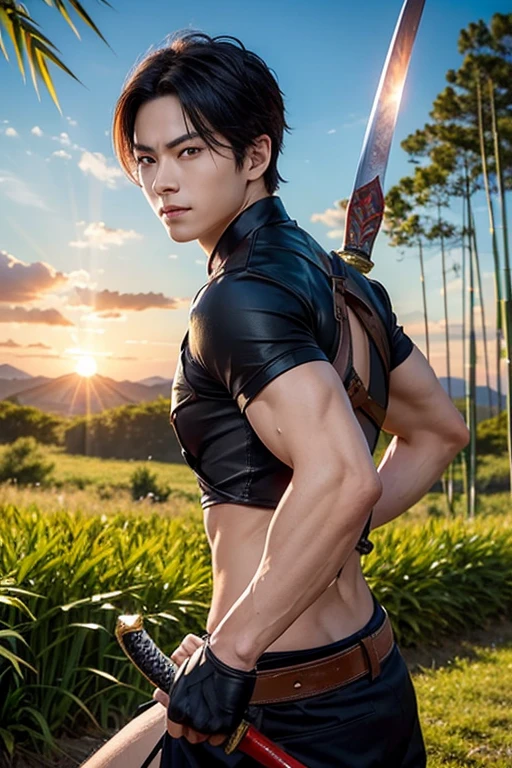 A hot-blooded boy with a strong sense of justice。Holding a Nichirin sword、Rin fighting demons々With a serious expression、In the landscape where the morning sun shines、Show a kind smile。The background is a bamboo forest and sunrise.、A powerful and hopeful atmosphere。