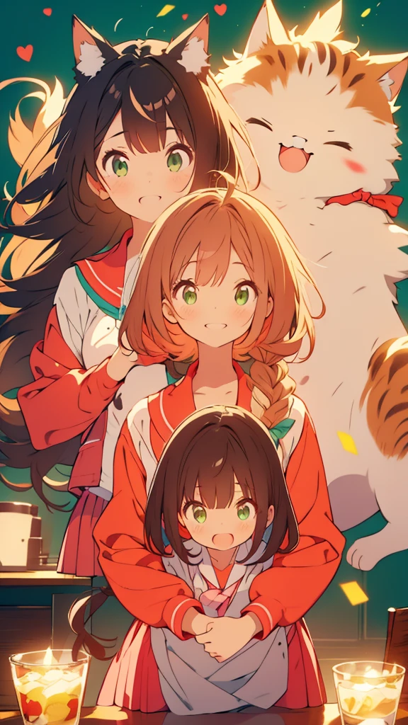 kawaii, anime, Cute, hyper quality, highly detailed, 8k, Clarity, Draw facial expressions in detail, Girl with long dark brown hair and green eyes, A young girl with short light pink hair and scarlet eyes., smile, cat pose, no background, whole body, wallpaper, drawing two people, school uniform,
