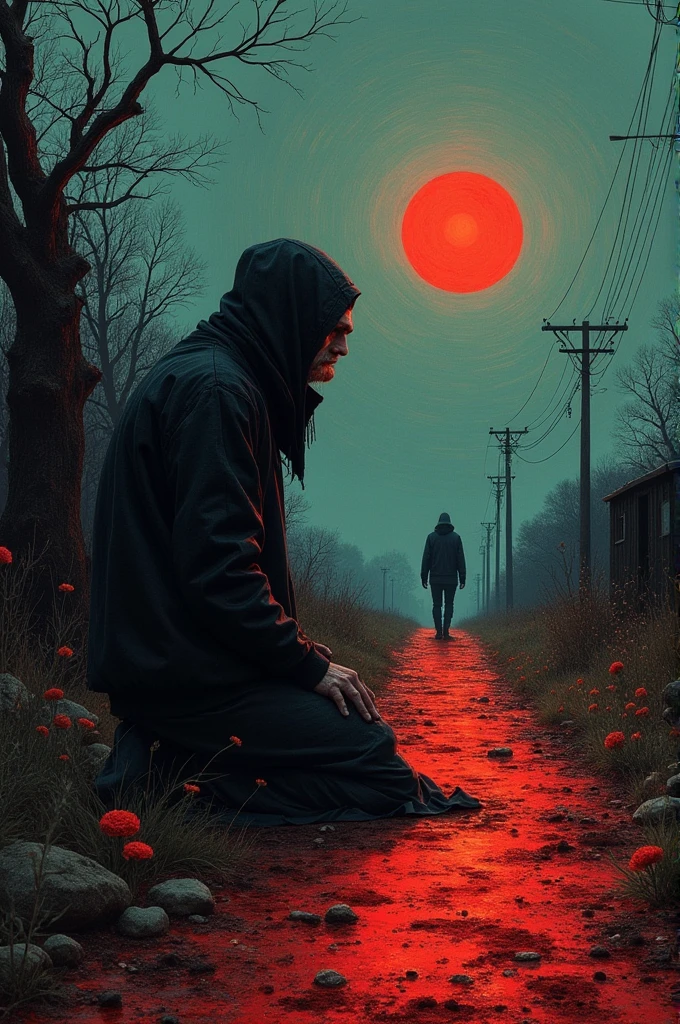 Creatures of mythology, By Zdzislaw Beksinski and Van Gogh, Surrealism, futurist ,Satan, coral, Wizard, abstract, sombre, rouge, hell, landscape, Mix these three images: Tramp on his knees, Bright anime boy with a cross in the distance, man on dark street, vampire, yeux rouge