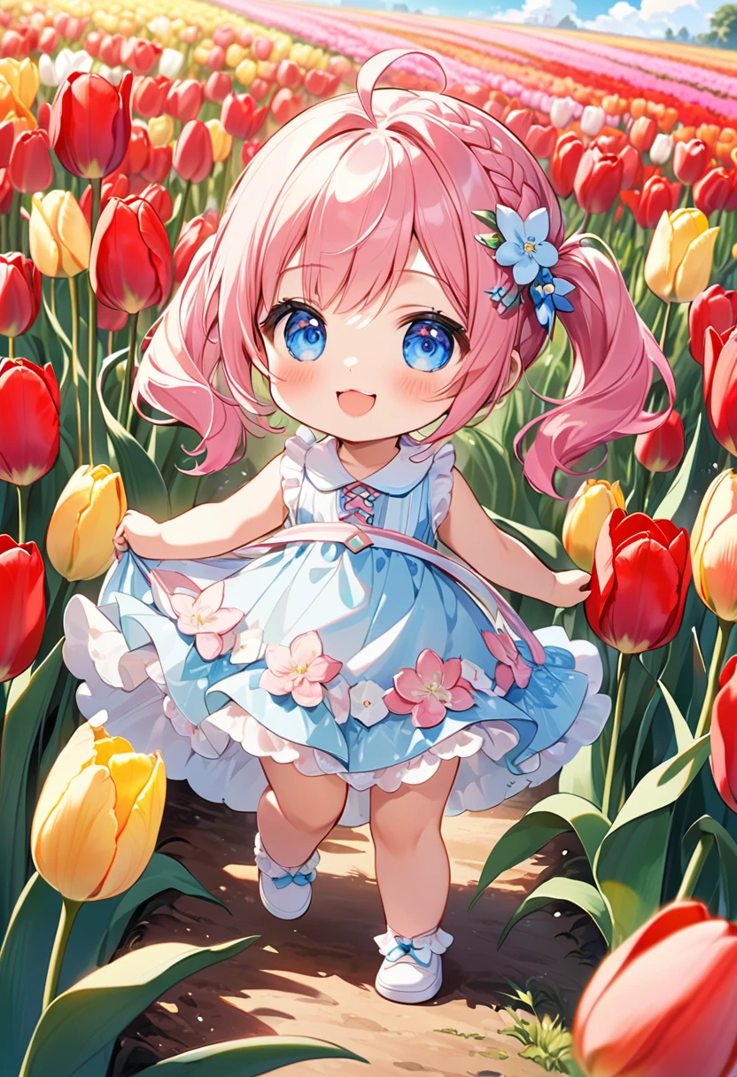 Highest quality、High resolution、Detailed Background、Beautiful face in every detail、Anatomically correct、Detailed facial expressions、fine grain、((full body, from below:1.8, side shot)), break ((One Girl:1.2)、(Chibi Girl:1.2))、Cute hair color、Big beautiful blue eyes、Fuller lips、Pink Lips、Braided twin tails、Ahoge、(Stroll through the tulip fields:1.2)、(Cute sleeveless spring outfit、mini skirt、Cute sneakers)、break ((Jumping:1.2))、((stretch both arms horizontally:1.2))、I have nothing in my hands、(Happy expression:1.2、Big smile:1.2)、break (The background is the spring sky、Spring Clouds、Flower storm、Big Frog)