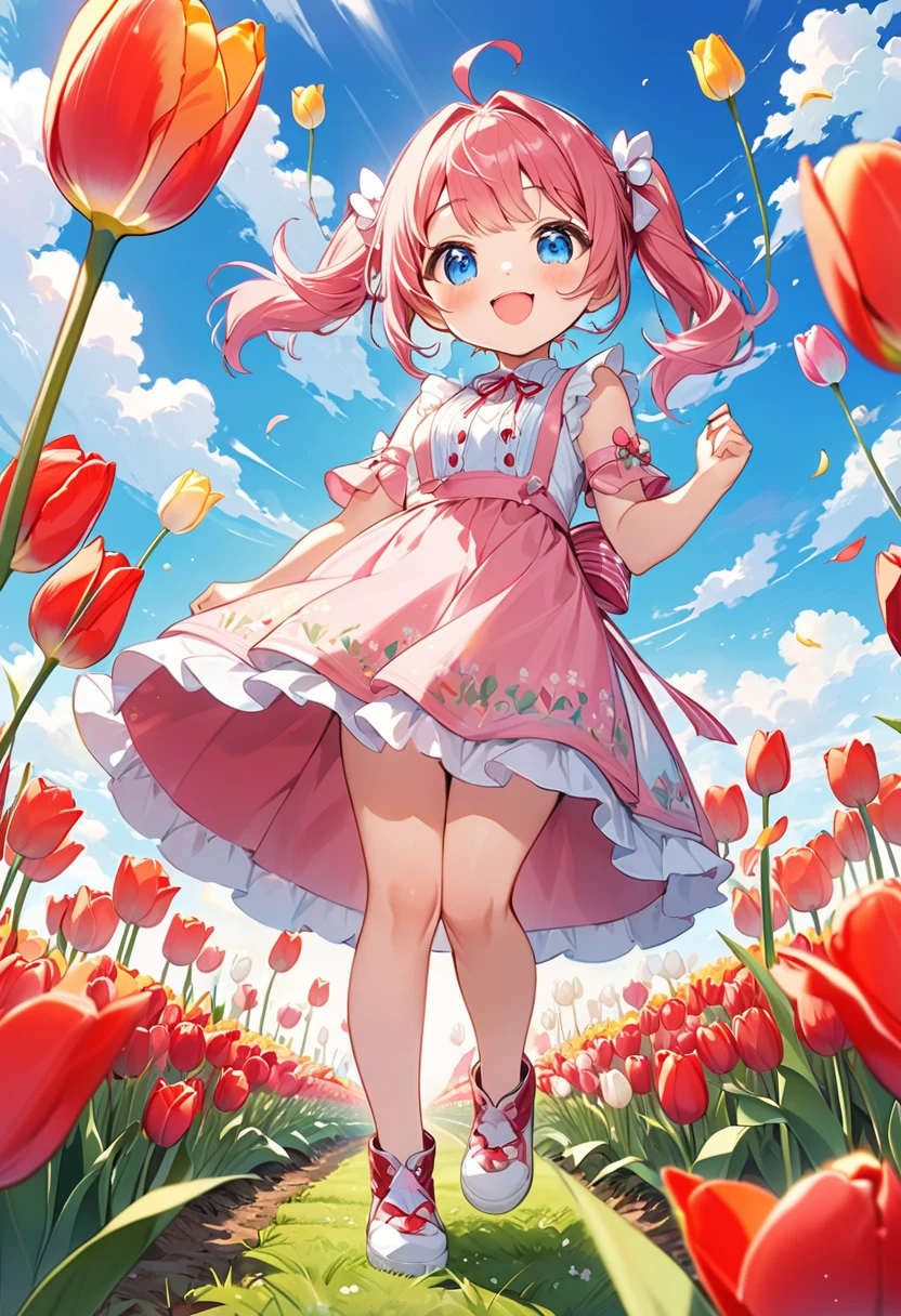 Highest quality、High resolution、Detailed Background、Beautiful face in every detail、Anatomically correct、Detailed facial expressions、fine grain、((full body, from below:1.8, side shot)), break ((One Girl:1.2)、(Chibi Girl:1.2))、Cute hair color、Big beautiful blue eyes、Fuller lips、Pink Lips、Braided twin tails、Ahoge、(Stroll through the tulip fields:1.2)、(Cute sleeveless spring outfit、mini skirt、Cute sneakers)、break ((Jumping:1.2))、((stretch both arms horizontally:1.2))、I have nothing in my hands、(Happy expression:1.2、Big smile:1.2)、break (The background is the spring sky、Spring Clouds、Flower storm、Big Frog)