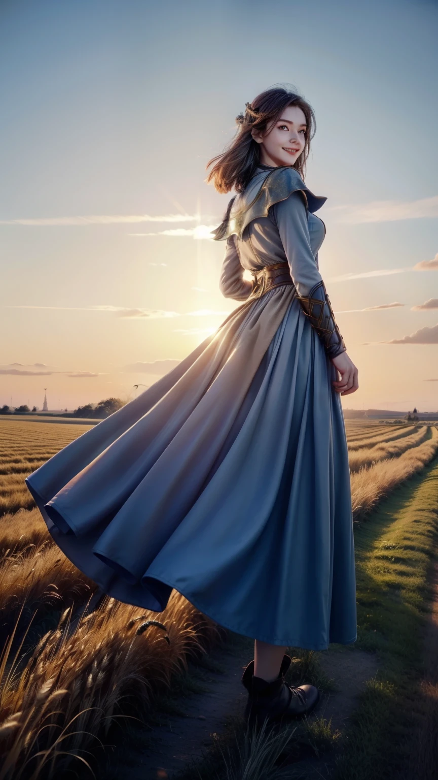 1 girl, solo, running, (high wheat field), turning around, long blue dress, middle ages, medieval outfit, long sleeves sunset, light from behind, shadow on the figure, smile, laughter, (blue sky), against the background of wheat, standing in the distance, looking at the viewer, full-length